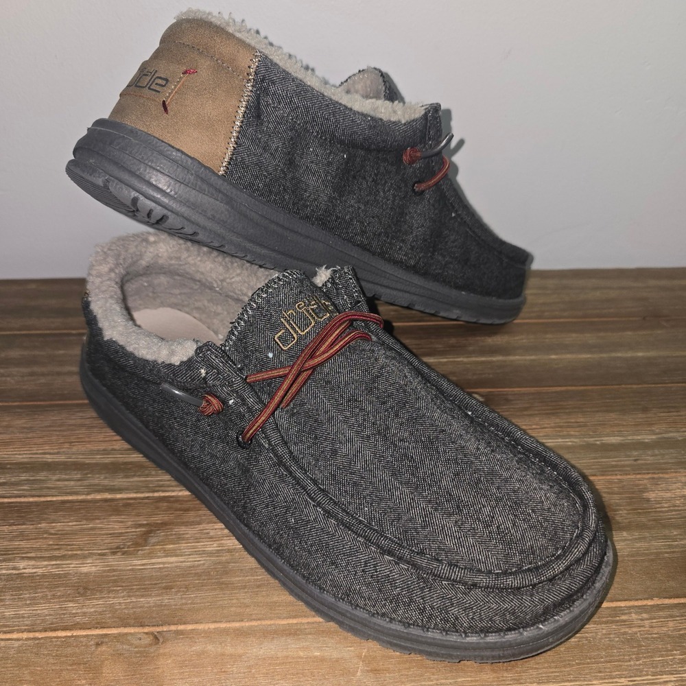 Hey Dude Wally Black Shell Herringbone Faux Fur Lined Loafers Mens 9 110064604
